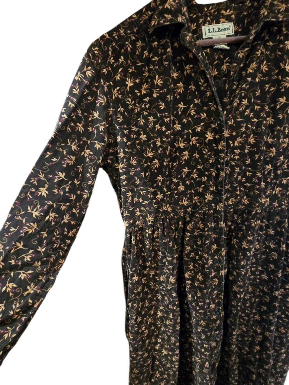 Vintage 90s L.L. Bean Floral Corduroy Button-Down Midi Dress Dark Brown Sz 10 - Picture 7 of 10
